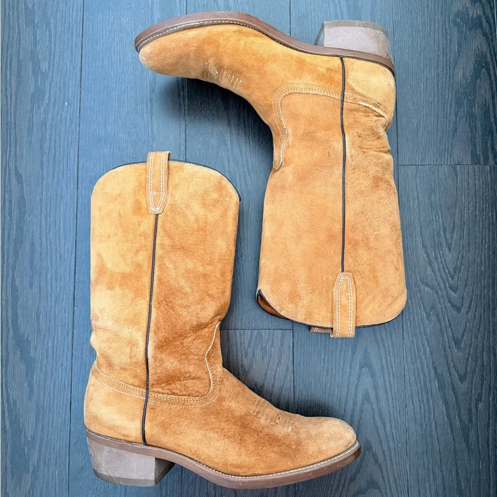 SOLD Vintage 1970s Tan Suede Cowboy Boots - Picture 2 of 5